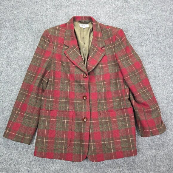 L.L. Bean Jackets & Blazers - L.L. BEAN Vintage Red Plaid Leather Button Wool Blazer Womens 12 Classic Holiday